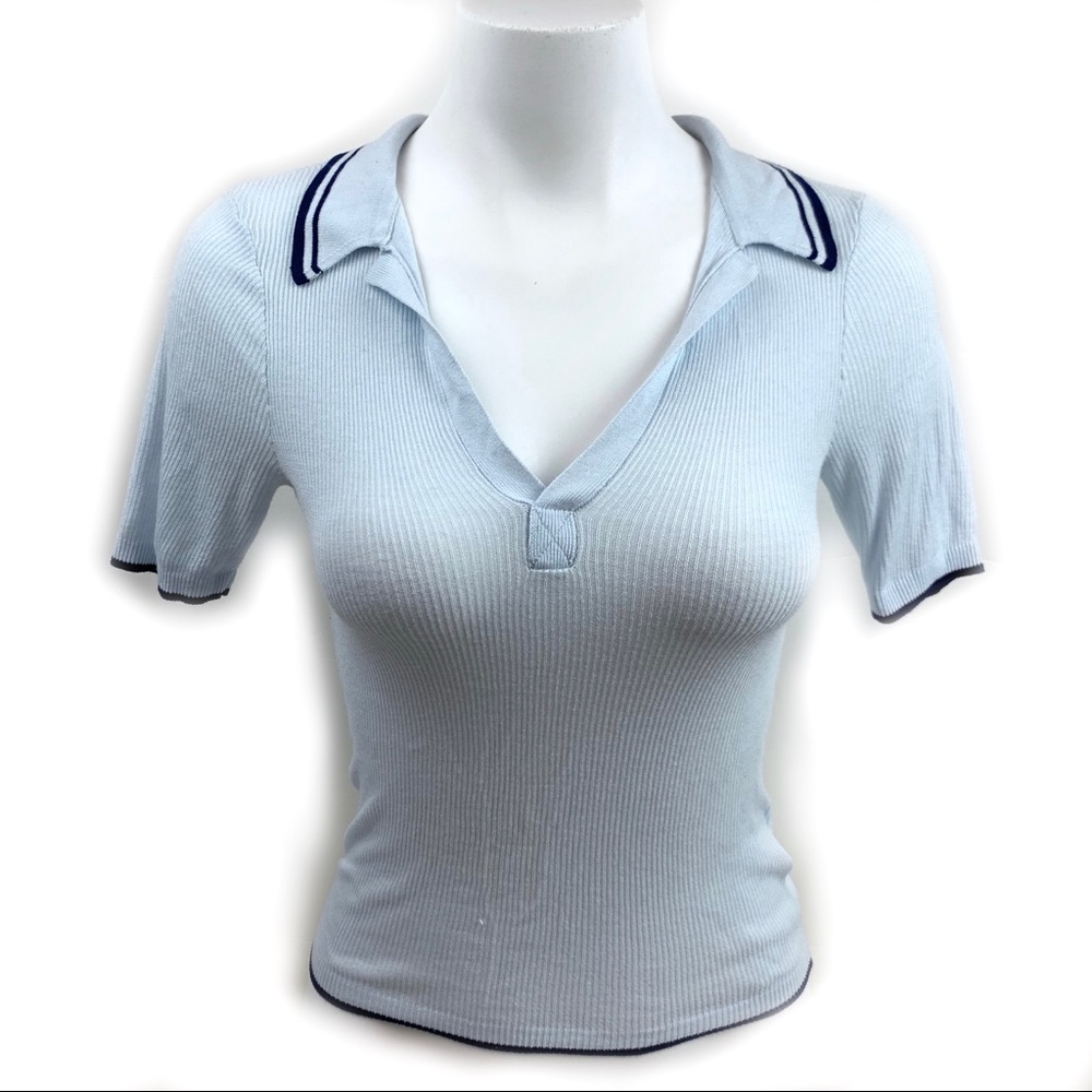 H & M New Baby Blue Collar T-Shirt Navy Details XS